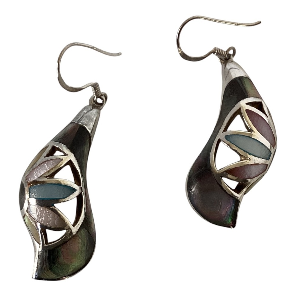 925 Sterling Silver Iridescent MOP Drop Hook Earrings Pink Blue Purple Green EUC - Picture 6 of 14
